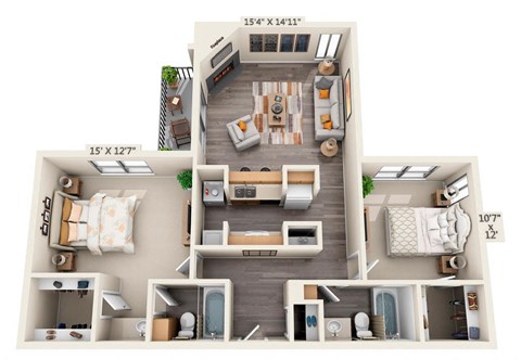 This is a 3D floor plan of a 1086 square foot 2 bedroom, 2 bath apartment at Cambridge Court Apartments in Dallas, TX.